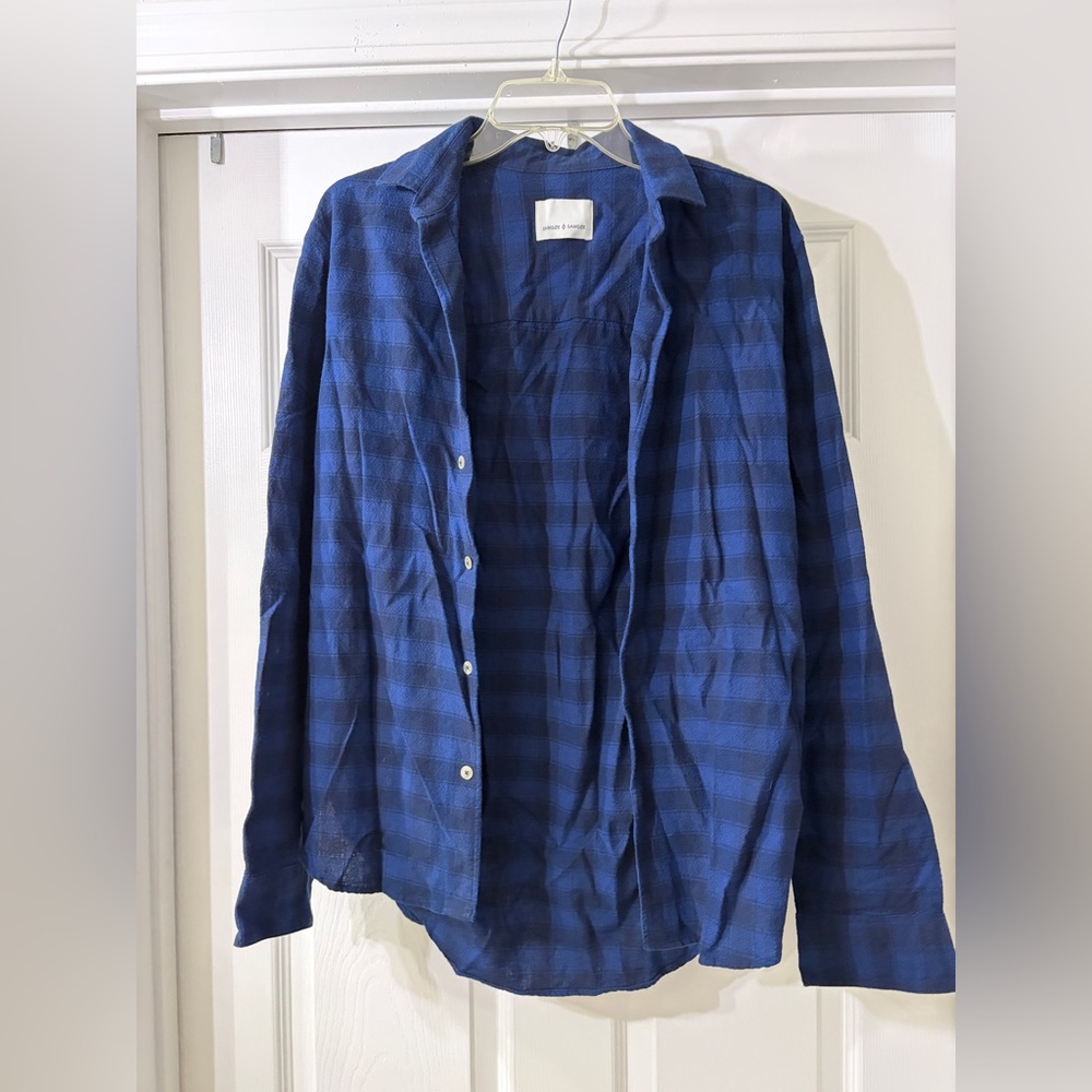 Samsøe Sapphire Blue Black Plaid Button-Down Men’s Long Sleeve Shirt